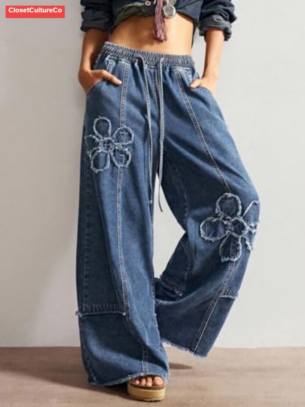 Baggy Wide Leg Jeans Women Drawstring High Waisted Distressed Denim Pants - Picture 4 of 6